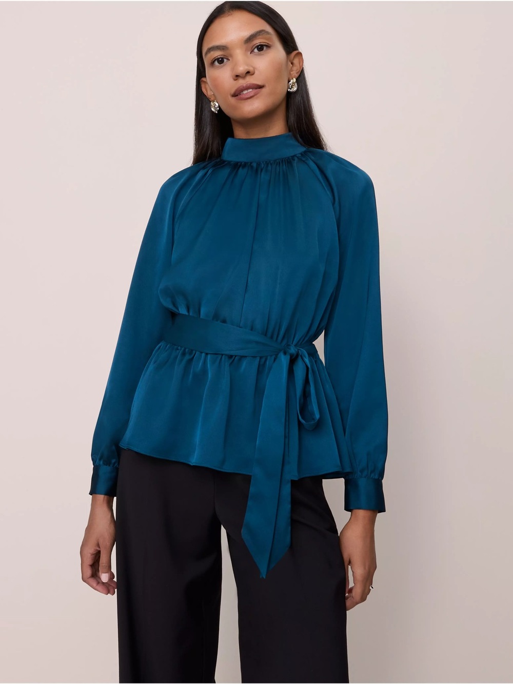 🆕 NWT Ann Taylor Size XXSP Peacock Blue Satin Tie Waist Blouse